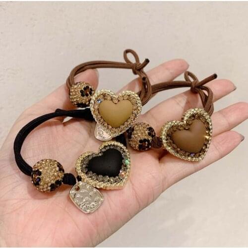 Women Fashion Rhinestone Leopard Print Head Rope Girl Simple Rubber Bands Square Hair Ties