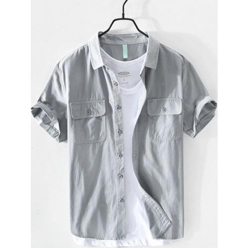 Z151 Summer Men Casual Shirts Premium Cotton Slim-Fit Simple Design Double Pocket Short Sleeve Lapel Campus Youth Handsome Tops