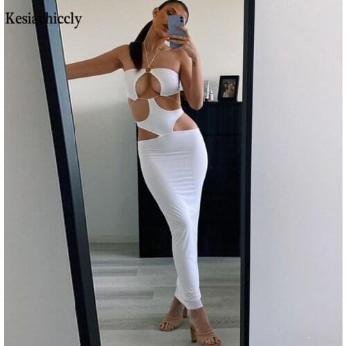 Kesiachiccly Sexy Halter Long Dress Solid Party NightClub Bandage Bodycon Women Summer Maxi Dress White Hollow Out Vestidos New