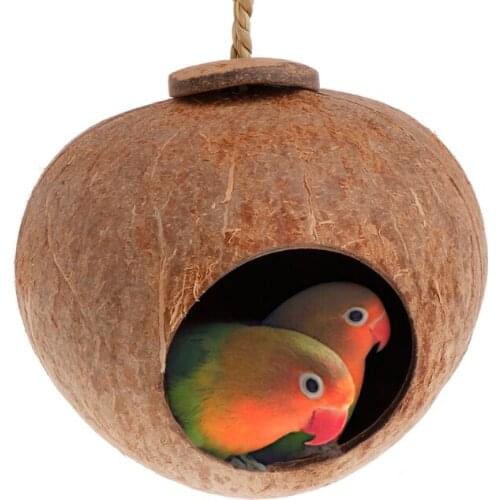 Natural Coconut Shell Bird Nest House Hut Cage Feeder Toy with Hanging Lanyard for Pet Parrot