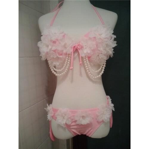 [Stock] Handmade Lace Beautiful Flowers Pink Sexy Bikini Pearl Fringed Triangle Swimsuit Summer Lolita Swimwear Free Shipping