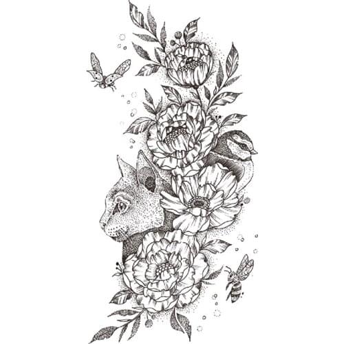 Cat Bird Waterproof Temporary Tattoo Sticker Black Flowers Insect Design Fake Tattoos Flash Tatoos Arm Body Art for Women Girl