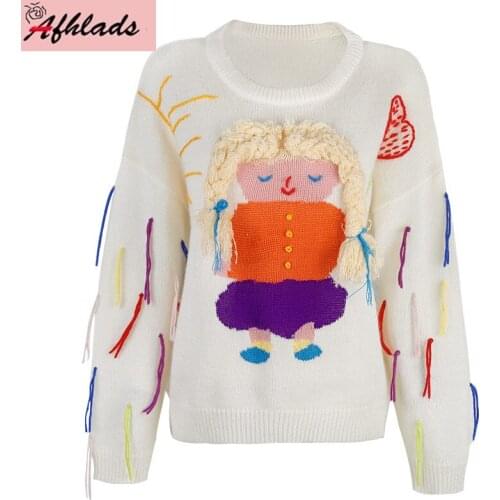 Cartoon Tassel Plus Size T-Shirts Loose Womens Clothing Autumn 2021 New Long Sleeve Pullover Oversized Casual Knitted Tops