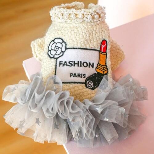 Fashion Girl Dog Clothes Cat Jacket Warm Pearl Collar Knitted Sweater Coat Gray Tulle Tutu Dress Coat For Small Dogs Yorkie Pug