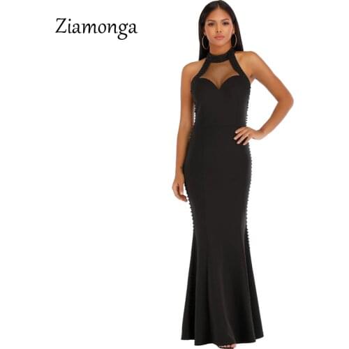 Ziamonga Sexy Mermaid Evening Gowns 2020 Cheap Wedding Party Dresses Long Halter-Neck Elastic Mesh Lace Club Women Party Dress