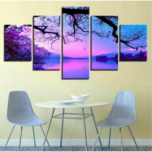 Purple Sunset Trees Lake 5 Pcs Canvas Picture Print Wall Art Canvas Painting Wall Decor for Living Room Poster No Framed