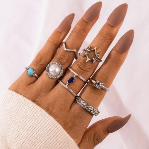 7 Pieces/set of Stylish Bohemian Womans Ring Ethnic Style Pearl Set with Diamond Geometry All-around Vintage Ring Anillos Mujer