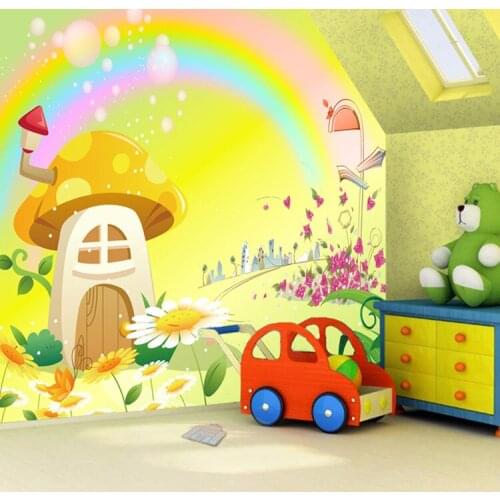 Large murals waterproof wallpaper wallpaper cartoon rainbow mushroom house Boys and girls the bedroom of children room TV wall