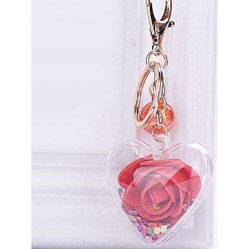 New Fashion Sequins Glitter Rose Keychain Pendant Transparent Plastic Eternal Flower Key Chain Women Car Handbag Keyring