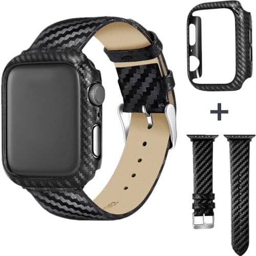 Black Carbon Fiber Strap + Case for Apple Watch Band Series SE 6 5 4 3 Classic Leather Bracelet Cover for iWatch 40/44mm 38/42mm