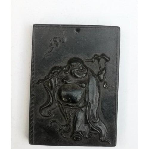 YIZHU CULTUER ART Collection Old China Hongshan Culture Black Magnet Jade Maitreya Buddha Statue Amulet Pendant Ornament