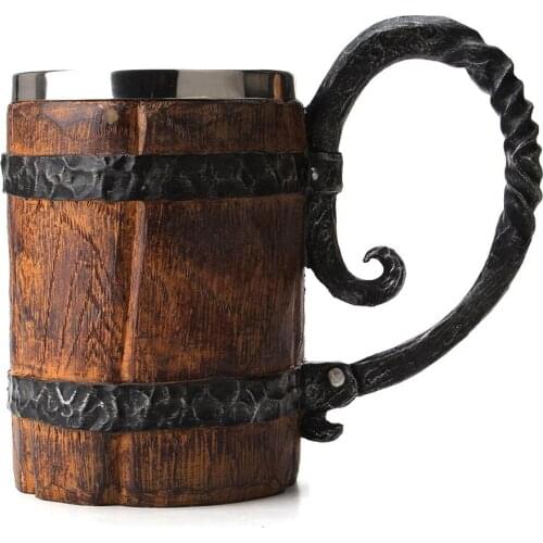Original Viking Drinking Mug Sealed Simulation Log Double Stainless Steel Mug Gift Home Cup Wood Color