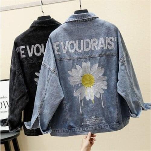 Denim Jacket Women New Embroidery Female Vintage Jeans Slingle Breasted Loose Spring Coat Black Casual Overcoat Mujer Tops