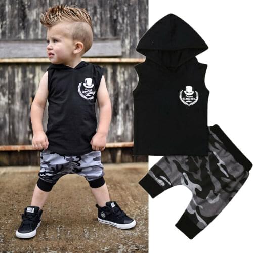 Summer Toddler Kids Baby Boy Clothes Set Sleeveless Hooded Vest Tops Camouflage Loose Shorts 2PCS Clothing Set