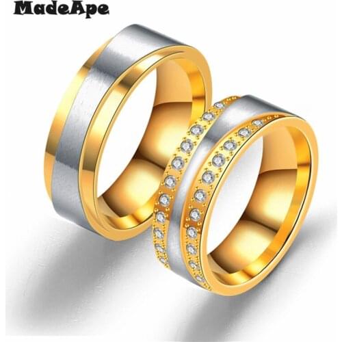 MadApe Personalized Elegant Wedding Rings for Women Men CZ Stones Stainless Steel Couple Promise Engagement Wedding Jewelry