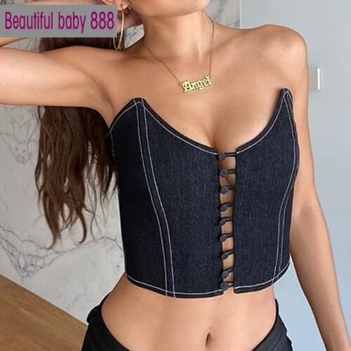 Meqeiss Fashion Denim Wrap Chest Strapless Backless Womens T-shirt Spring Autumn Sexy Casual Hollow Street Simple Denim Vest
