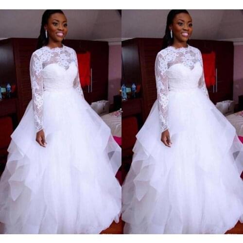 Fashion IIIsion Long Sleeves Lace Wedding Dresses Sweep Train Tiered Tulle African Ballgown Bridal Dresses