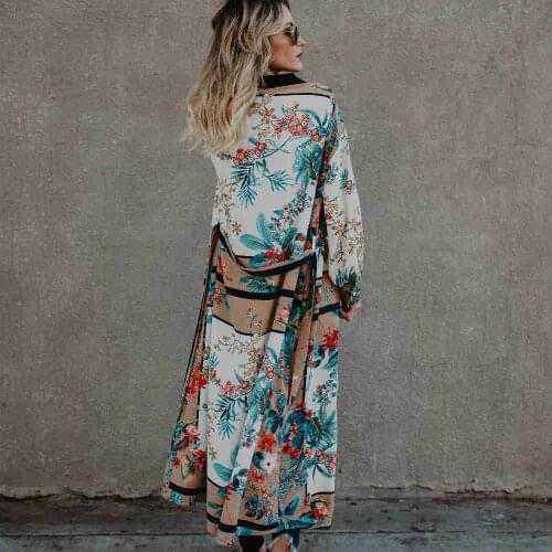 Bikini Cover-ups Boho Printed Belted Long Kimono Cardigan White Cotton Tunic Women Vintage Beach Wear Swim Suit Cover Up A229