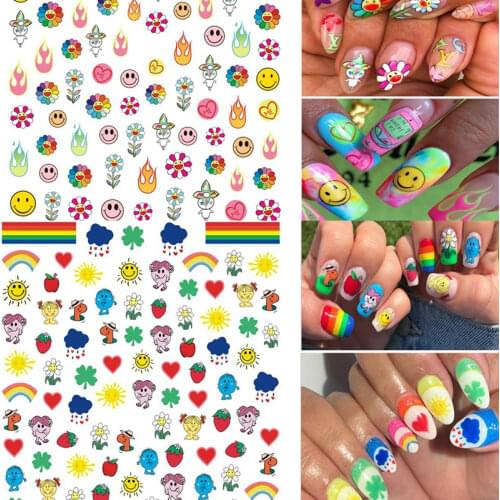 Nail Art Stickers Abstract Line Face Geometric Design Adhesive Nail Art Decorations DIY Sun Flowers Smiley Face Nail Decals