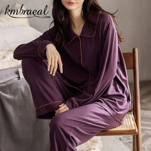 Autumn Pajama Set for Women 100% Cotton PJS luxury Purple Long-Sleeved Trousers 2 Pcs Homewear Casual Winter Plus Size M-2xl