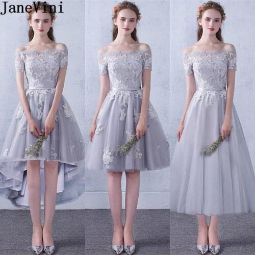 JaneVini 3 Styles Gray Short Front Long Back Bridesmaid Dresses Lace Appliques Prom Dress for Wedding Party Tulle Formal Gowns