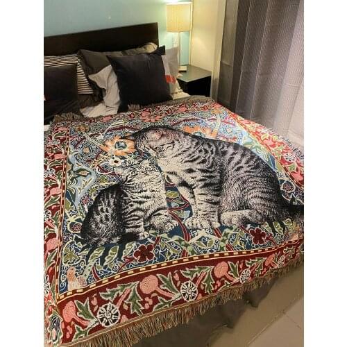 Cat Print Throw Blanket Oil Painting Style Knitted Sofa Blanket Non-slip Slipcover for Sofa Bed Trip Travel 150x150cm