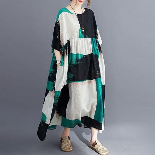 2021 Plus Size Women Print Dress Summer Sundress Cotton Female Lady Vestidos Loose Casual Holiday Maxi Dresses Vestido De Festa