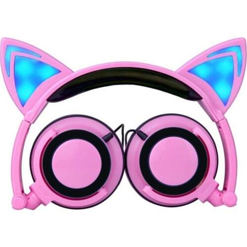 Cat Ear Overhead Wired Headphone Folding Children Kids Headphone LED Light Earphone