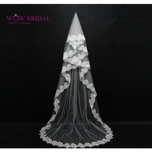Wowbridal Elegant Bridesmaid Wedding Veil 2021 Pattern Embroidery Appliqued Two-Layer Organza Floor-Length Bridal Accessories