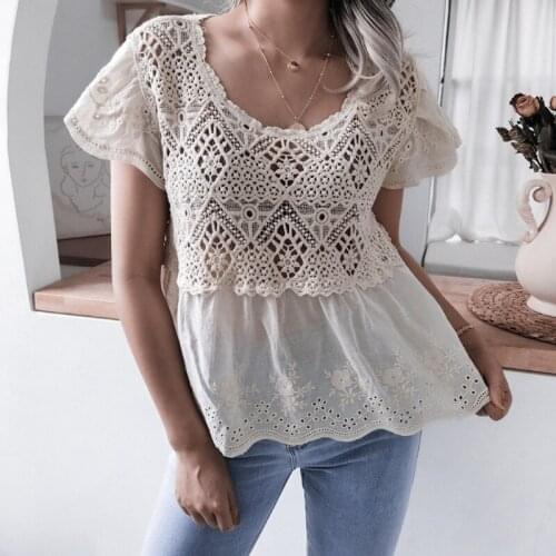 2021 New Womens Summer Leisure Embroidered Ruffle Short Sleeve V Neck Crochet Hollow Lace All Match Blouses For Ladies Fashion