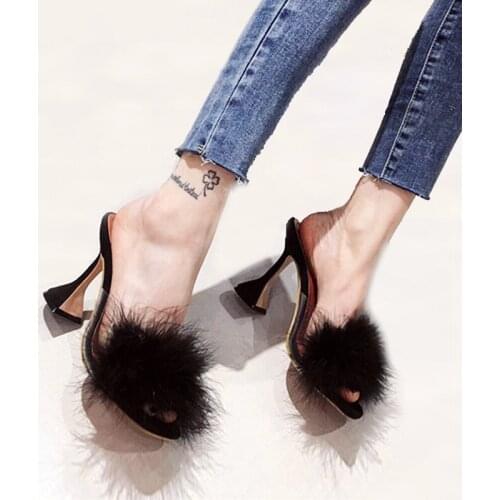 Summer Fashion Women Heels Sandals PVC Transparent Open toe Fluffy Crystal High Heels Lady Wedding Pumps Party Shoes