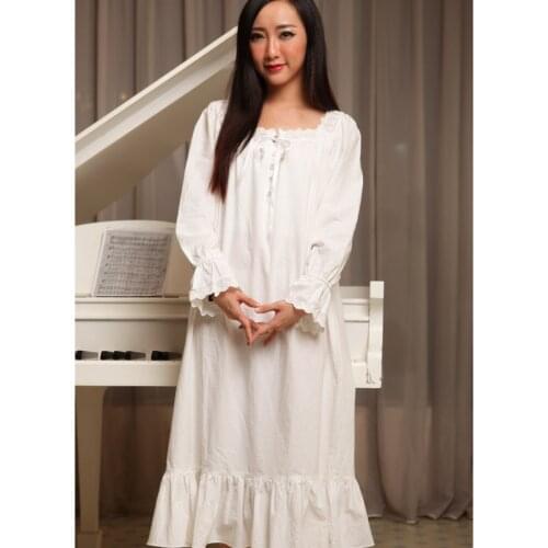 Women nightgowns white spring autumn 100% cotton princess royal vintage sleepshirts long-sleeve long sleepwear fashion lounge