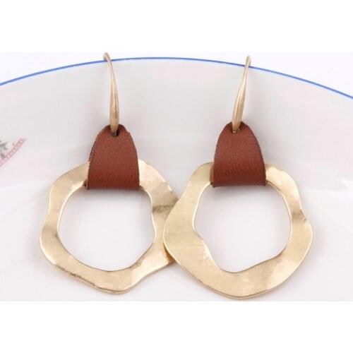 2019 Fashion Trendy Hammered Thumped Metallic Irregular Geometry Metal Circle Square Leather Dangle Drop Earrings for Women New