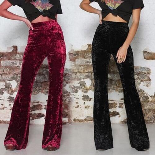 Vintage Velvet Long Flare Pants Women Korean Streetwear Sexy High Waist Trousers Lady Casual Velour Red Black Bell Bottom Pants