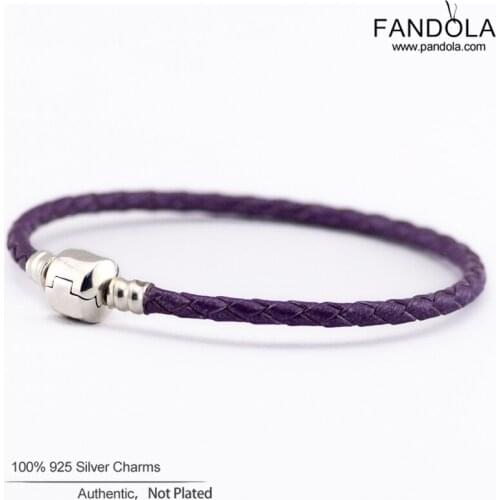Bright Purple Leather Bracelets For Women 925 Sterling Silver Charm Bracelet femme DIY Jewelry Making pulseras Wholesale