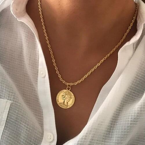 Ahmed Vintage Coin Pendant Necklaces for Women Fashion Figure Long Choker Necklace Gold Silver Color Statement Jewelry Gift