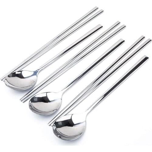 3 Pairs Stainless Steel Chopsticks and Spoon Set, Reusable Metal Stainless Steel Square Handle Chopsticks and Spoons