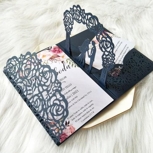 50PC/Lot Pop-up Blue Shimmer Wedding Invitations Personalized Print Insert Groom Bridal Trifold Pocket Bride Party Cards