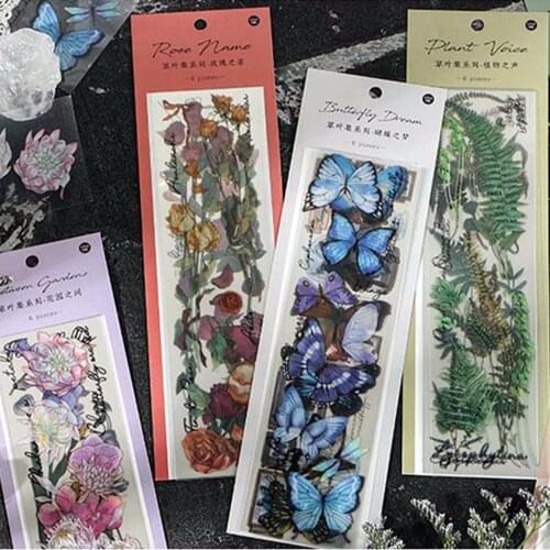 6pcs Journamm Butterfly Leaf Flower PET Stickers Aesthetic Scrapbooking Journal Deco Album Deco DIY Diary Stationery Stickers