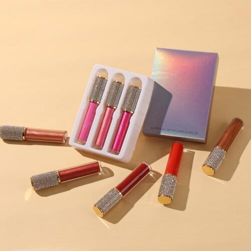 Diamond Lipgloss Kits 3 Pcs Liquid Lipstick Gift Set Private Label Matte Lip Gloss Bulk Wholesale Makeup Lip Kit Long Lasting