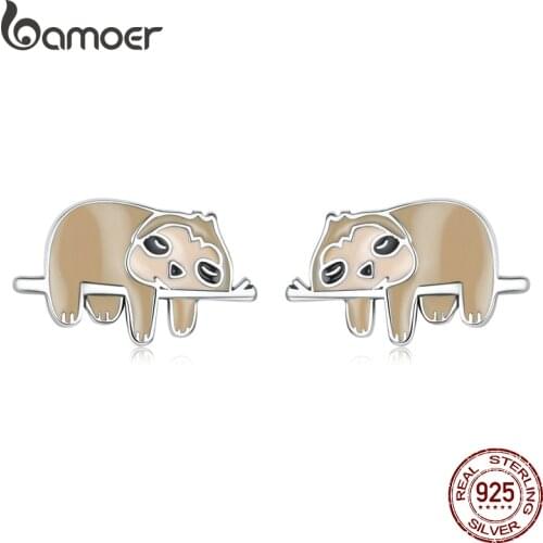 Bamoer Enamel Cartoon Earrings 925 Sterling Silver Cute Little Sloth Stud Earrings for Women Girls Fine Jewelry Animal Gift