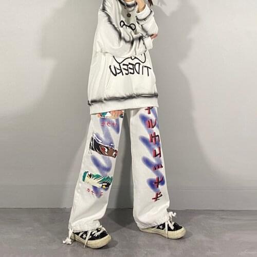 QWEEK Y2K Anime Wide Leg Pants Women Japanese Streetwear Cartoon Graffiti Korean Style Trousers Female Aesthetic Fairy Grunge