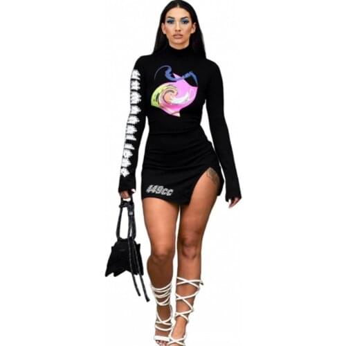 Black Sexy Woman Dress Turtleneck Full Sleeve Split Mini Short Dress 2021 New Fashion Print Slim Clubwear Outfits Vestidos Dress