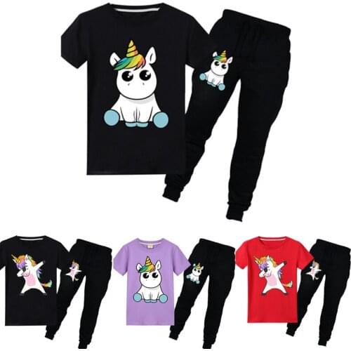 Childrens clothing Unicorn cotton T-shirt trousers leisure sports home fashion girl spring and summer 3-16Y 2PCS suit