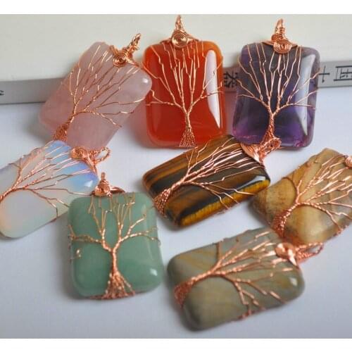 Tree of Life Wire Wrap 53x31x8MM Rectangle Handmade Natural Stone Opal Tigers Eye Crystal Aventurine Necklace Pendant 1Pcs