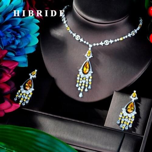 HIBRIDE Beauty Yellow Pednant Cubic Zircon Pendant Women Jewelry Sets For Bridal Party Accessories Jewelry Gifts N-937