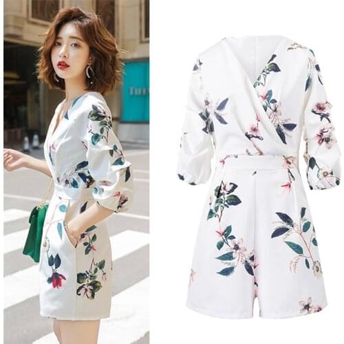 Womens V neck lantern sleeve Print Playsuits Ladys Vintage Spring Summer Wide leg shorts Nice Casual Party Jumpsuits CC241