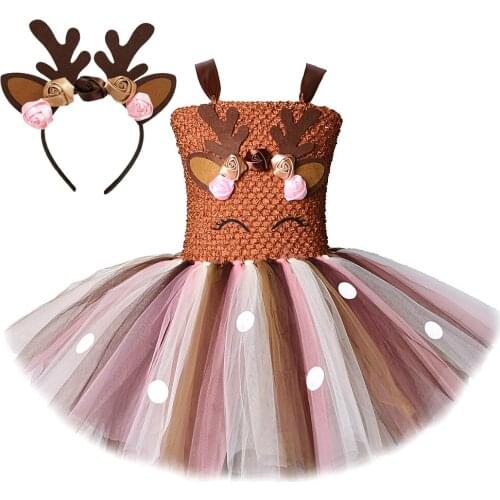 Deer Costume for Girls Christmas Tutu Dress Flower Tulle Children Animal Birthday Outfit Children Halloween Costume Girl Clothes