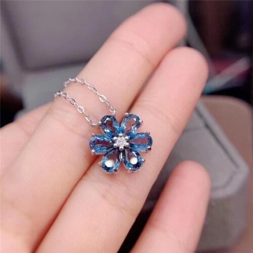 London Blue Topaz Necklace for Women Birthday Gift 4*6MM Natural Gemstone Flower Pendant Real 925 Sterling Silver Fine Jewelry