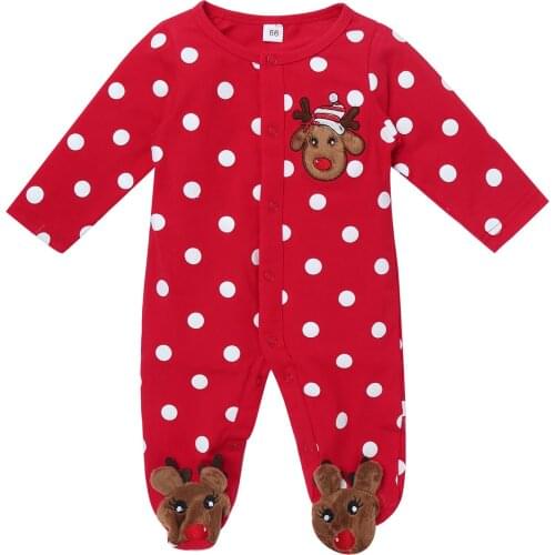 Elk Applique Baby Girls and Boys Clothes Infant Round Neck Long Sleeve Polka Dots Print Jumpsuit Romper Newborn Clothing